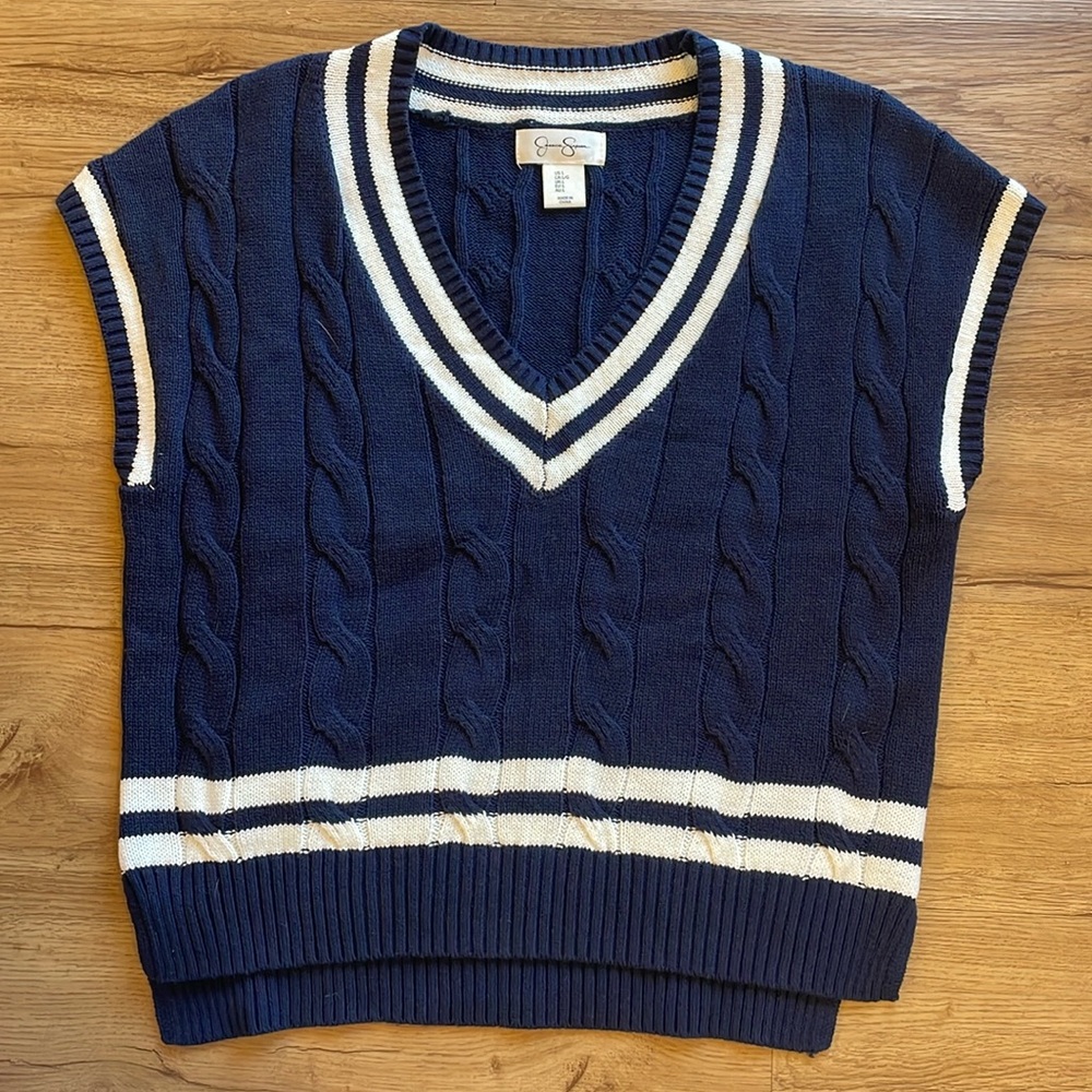 Jessica Simpson sweater, vest size, large, navy blue and white